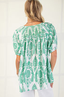 GiGio Printed Smocked Front and Back Top in Green
