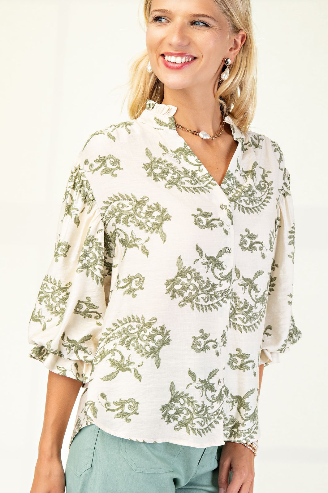 GiGio Printed Button Down Front Top in Sage