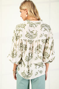 GiGio Printed Button Down Front Top in Sage