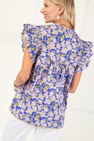 GiGio Floral Print Top with Piping Trim Details in Blue Mix