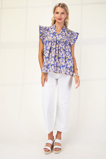 GiGio Floral Print Top with Piping Trim Details in Blue Mix