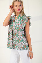 Load image into Gallery viewer, GiGio Floral Print Top with Piping Trim Details in Green Mix
