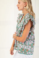 GiGio Floral Print Top with Piping Trim Details in Green Mix