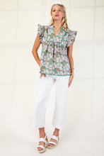 Load image into Gallery viewer, GiGio Floral Print Top with Piping Trim Details in Green Mix
