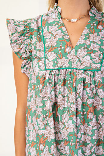 GiGio Floral Print Top with Piping Trim Details in Green Mix