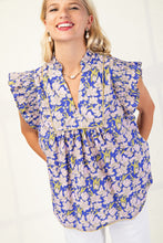 Load image into Gallery viewer, GiGio Floral Print Top with Piping Trim Details in Blue Mix
