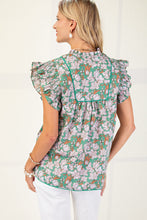 Load image into Gallery viewer, GiGio Floral Print Top with Piping Trim Details in Green Mix
