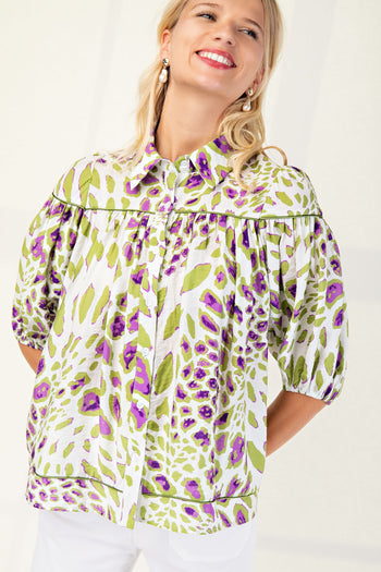 GiGio Leopard Print Button Down Top in Sage