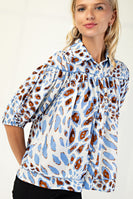 GiGio Leopard Print Button Down Top in Blue