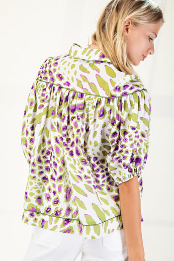 GiGio Leopard Print Button Down Top in Sage