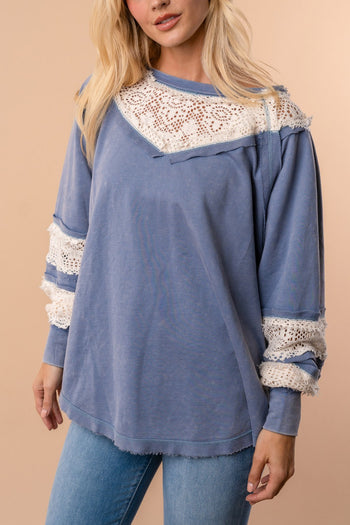 White Birch Solid Color and Crochet Top in Washed Slate