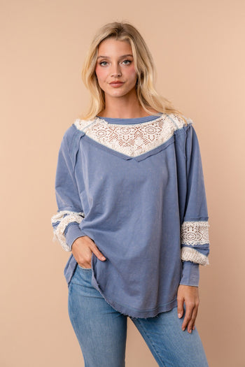 White Birch Solid Color and Crochet Top in Washed Slate