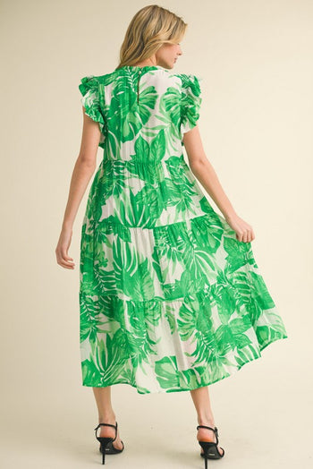 Jodifl Tropical Leaf Print Tiered Midi Dress in Green S Jodifl Tropical Leaf Print Tiered Midi Dress in Green S