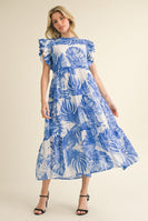 Jodifl Tropical Leaf Print Tiered Midi Dress in Blue