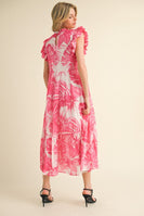 Jodifl Tropical Leaf Print Tiered Midi Dress in Fuchsia