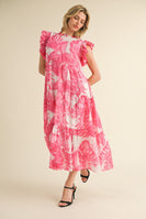 Jodifl Tropical Leaf Print Tiered Midi Dress in Fuchsia