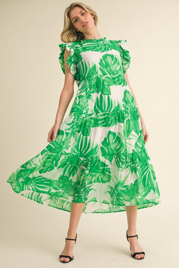 Jodifl Tropical Leaf Print Tiered Midi Dress in Green S