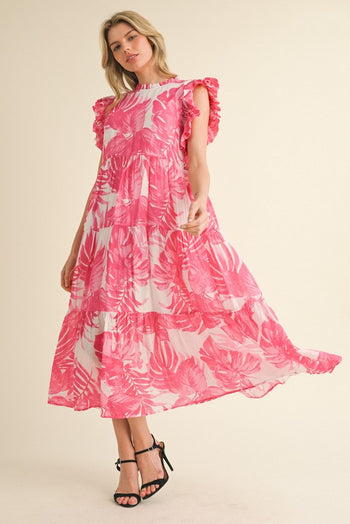 Jodifl Tropical Leaf Print Tiered Midi Dress in Fuchsia