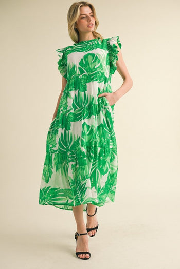 Jodifl Tropical Leaf Print Tiered Midi Dress in Green