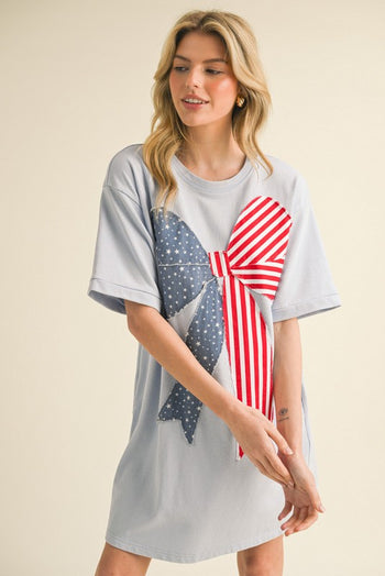 Jodifl Solid Color Dress with American Flag Bow on Front in Sky Blue L Jodifl Solid Color Dress with American Flag Bow on Front in Sky Blue L