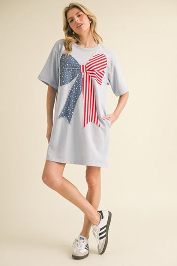 Jodifl Solid Color Dress with American Flag Bow on Front in Sky Blue