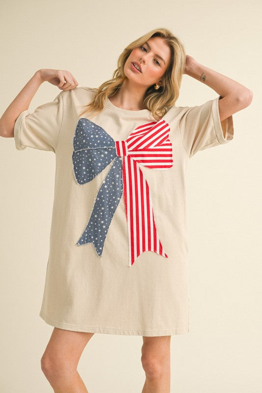 american flag dress women Jodifl Solid Color Dress with American Flag Bow on Front in Ecru S