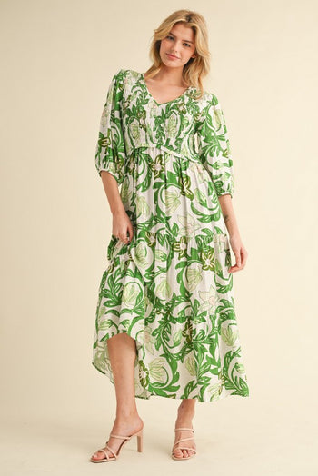 Jodifl Smocked Bodice Printed Maxi Dress in Green