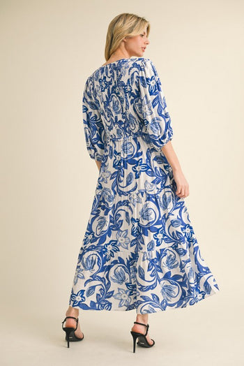 Jodifl Smocked Bodice Printed Maxi Dress in Royal S Jodifl Smocked Bodice Printed Maxi Dress in Royal S