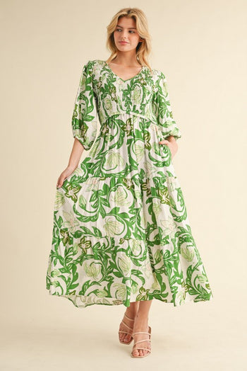 Jodifl Smocked Bodice Printed Maxi Dress in Green