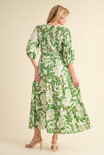 Jodifl Smocked Bodice Printed Maxi Dress in Green