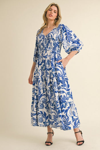 Jodifl Smocked Bodice Printed Maxi Dress in Royal
