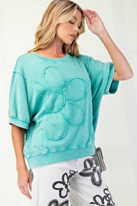 Easel OVERSIZED Solid Color Daisy Patch Top in Atlantis Green