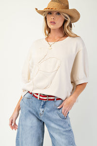 Easel OVERSIZED Solid Color Daisy Patch Top in Natural