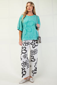 Easel OVERSIZED Solid Color Daisy Patch Top in Atlantis Green