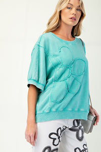 Easel OVERSIZED Solid Color Daisy Patch Top in Atlantis Green