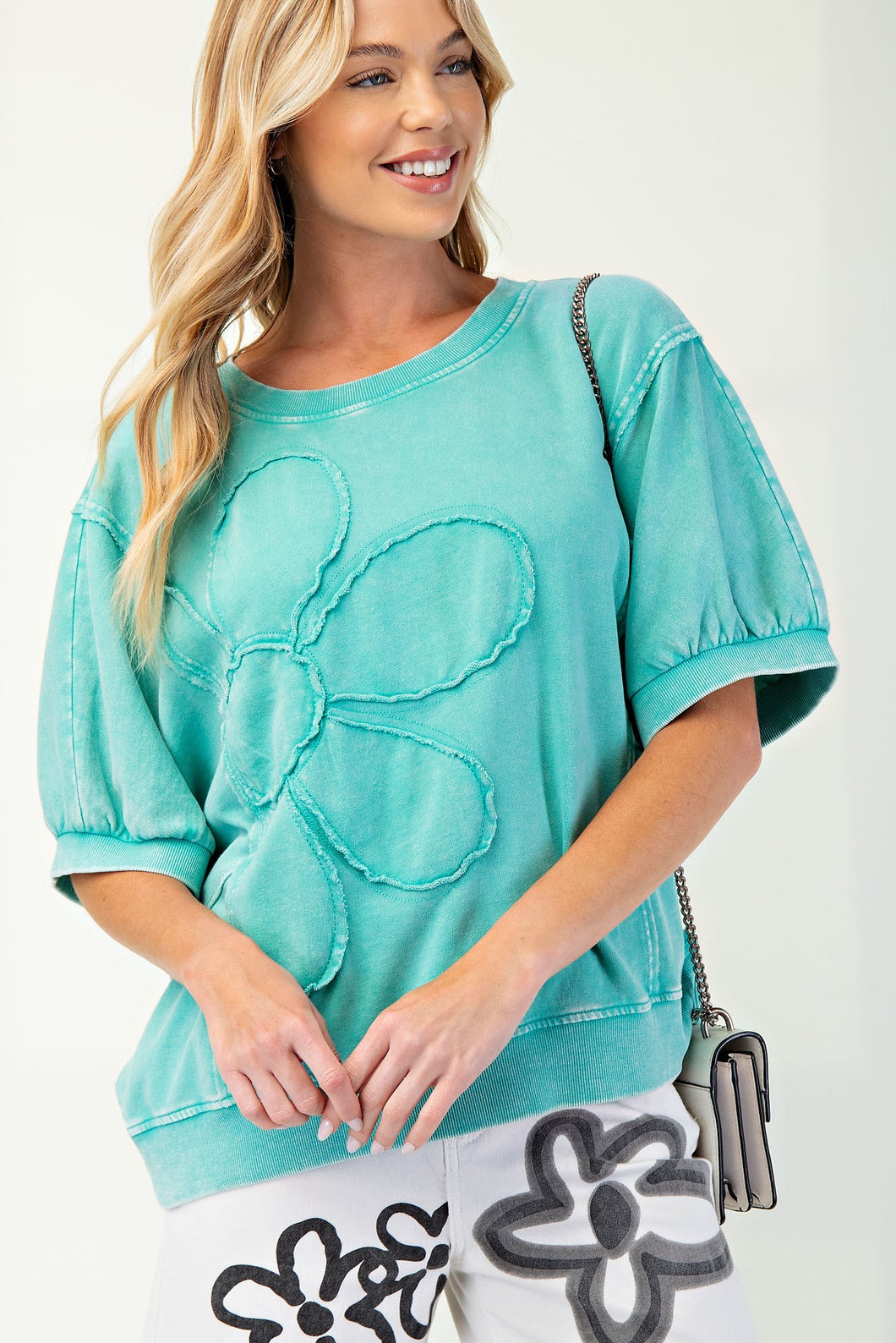 Easel OVERSIZED Solid Color Daisy Patch Top in Atlantis Green