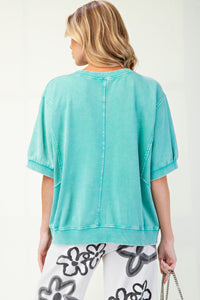 Easel OVERSIZED Solid Color Daisy Patch Top in Atlantis Green