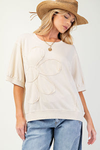 Easel OVERSIZED Solid Color Daisy Patch Top in Natural