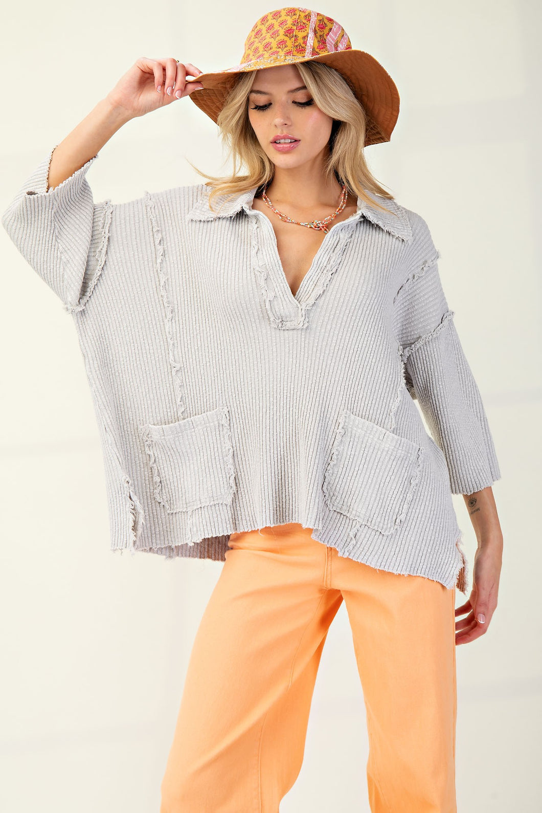 Easel Mineral Washed Distressed Ribbed Knit top in Stone Grey