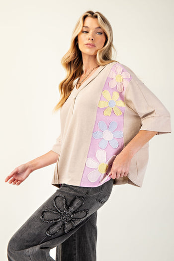 Easel Color Block Daisy Patched Top in Natural