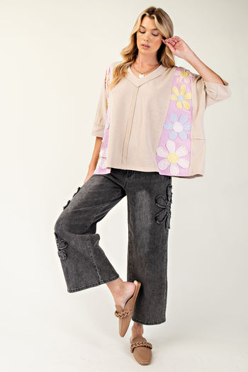 Easel Color Block Daisy Patched Top in Natural