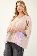 Easel Color Block Daisy Patched Top in Natural
