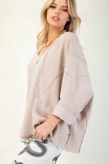 Easel Thermal and Terry Knit Mix n Match Top in Khaki