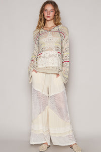 POL Open Knit Thin Hooded Sweater with Star Patch Front in Natural Multi