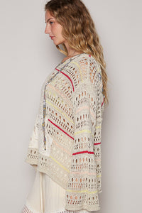 POL Open Knit Thin Hooded Sweater with Star Patch Front in Natural Multi