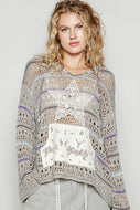 POL Open Knit Thin Hooded Sweater with Star Patch Front in Olive Multi