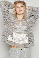 POL Open Knit Thin Hooded Sweater with Star Patch Front in Olive Multi