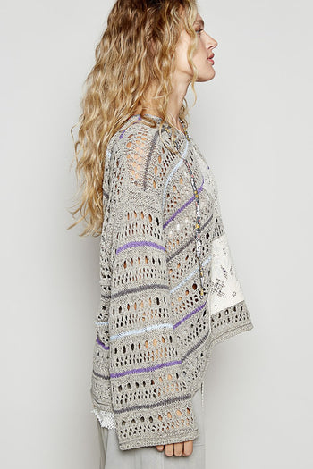 POL Open Knit Thin Hooded Sweater with Star Patch Front in Olive Multi