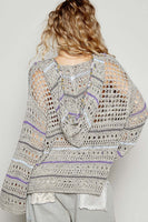 POL Open Knit Thin Hooded Sweater with Star Patch Front in Olive Multi