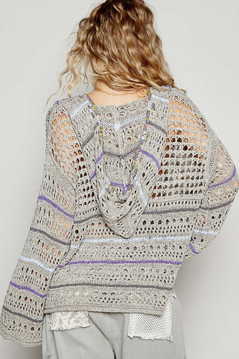 POL Open Knit Thin Hooded Sweater with Star Patch Front in Olive Multi